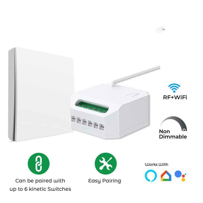 Mini Kinetic Switch Receiver - 5A Non-Dimmable WiFi, Alexa & Google Compatible (icons with features)