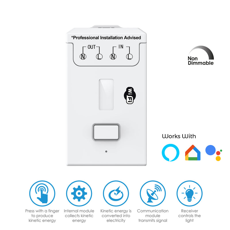 Kinetic Switch Receiver - 5A Non-Dimmable WiFi, Alexa & Google Compatible (icons with features)