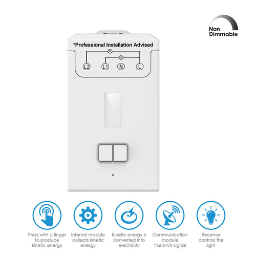 2 Way Kinetic Switch Receiver - 5A Non-Dimmable, 433MHz RF (icons with features)
