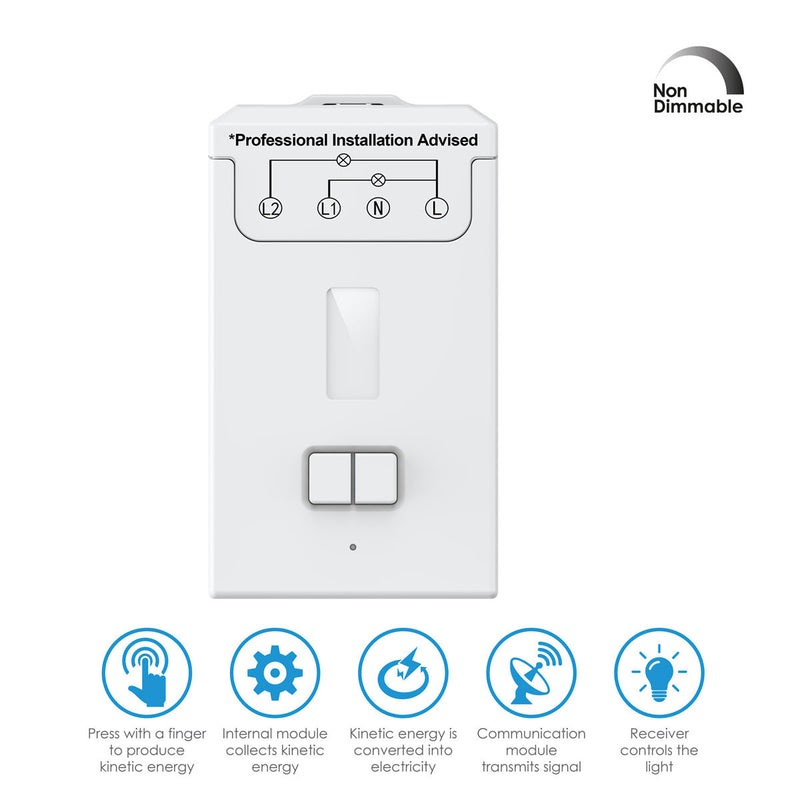 2 Way Kinetic Switch Receiver - 5A Non-Dimmable, 433MHz RF (icons with features)