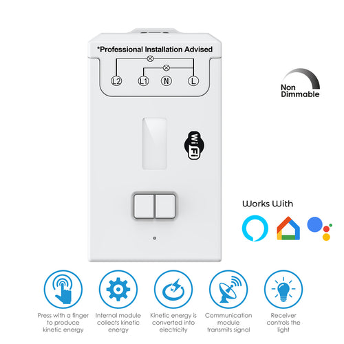 2 Way Kinetic Switch Receiver - 5A Non-Dimmable WiFi, Alexa & Google Compatible (icons with features)