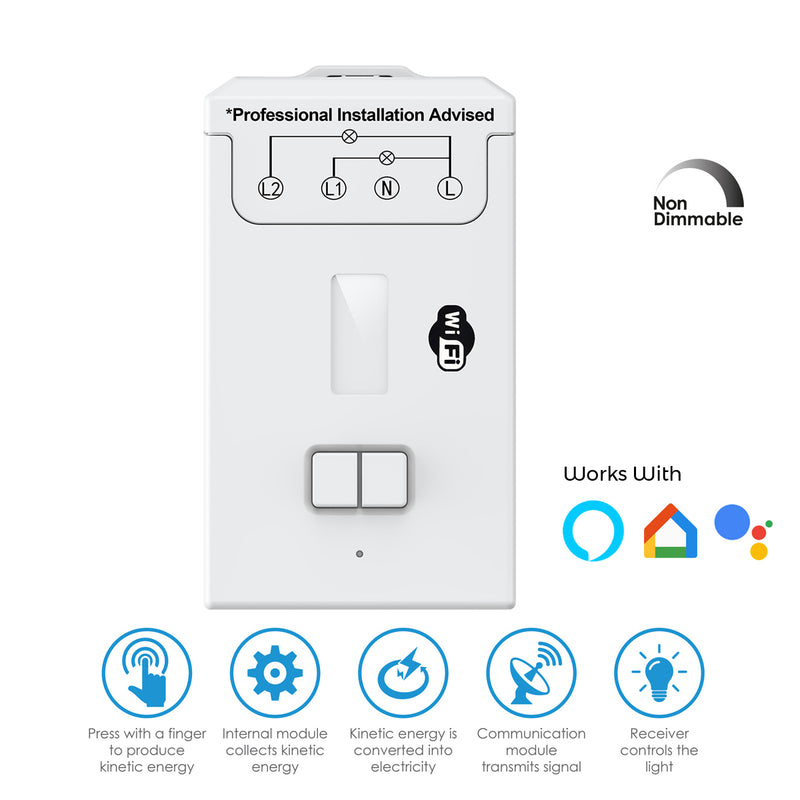 2 Way Kinetic Switch Receiver - 5A Non-Dimmable WiFi, Alexa & Google Compatible (icons with features)