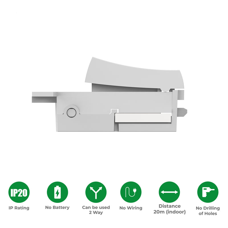 Kinetic Grid Switch - 1 Gang Wireless, Fits Standard Mini Grid Plates, White (with icons showing features)