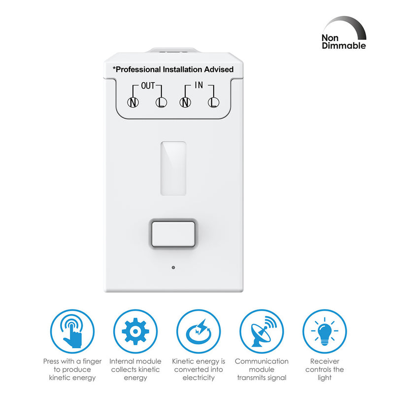 Kinetic Switch Receiver - 1A Dimmable, 433MHz RF (icons with features)