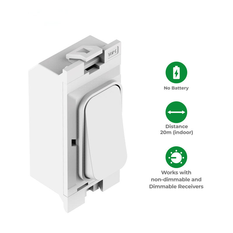 Kinetic Grid Switch - 1 Gang Wireless, Fits Hager Grid Plates, White (icons with features)