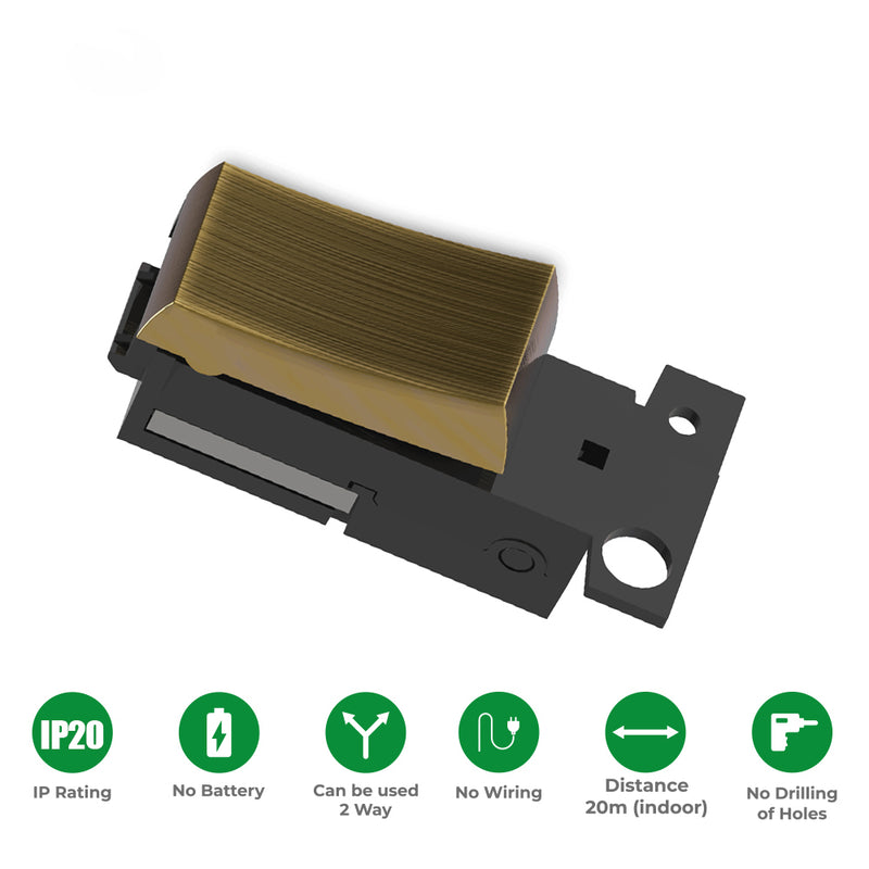 Kinetic Grid Switch - 1 Gang Wireless, Fits Standard Mini Grid Plates, Antique Brass (with icons showing features)