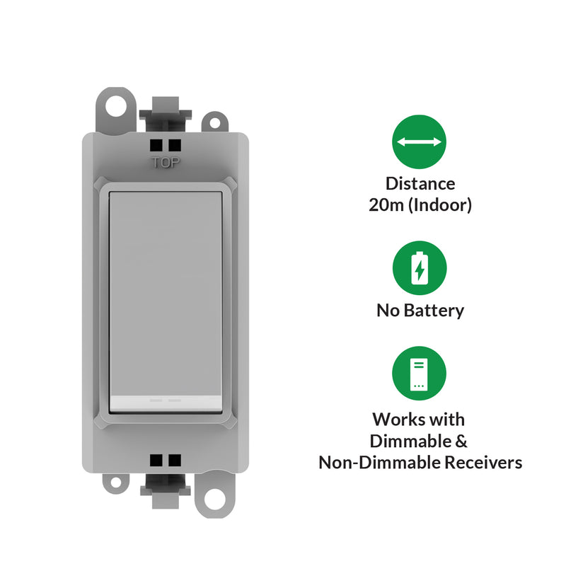 Kinetic Grid Switch - 1 Gang Wireless, Polar White PRO Range (icons showing features)