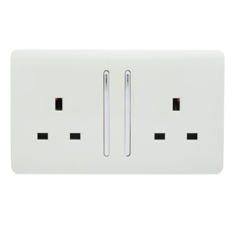 two sockets and two switches on a white faceplate