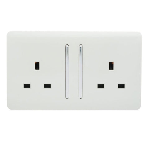 two sockets and two switches on a white faceplate
