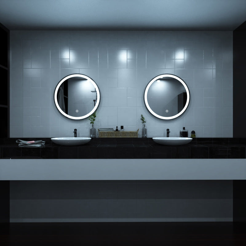 Black LED bathroom mirror above sinks setting in cool white light