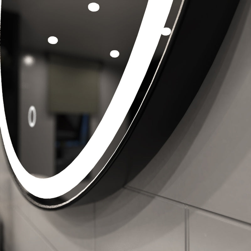 Black LED bathroom mirror bezel close up shot in natural white light