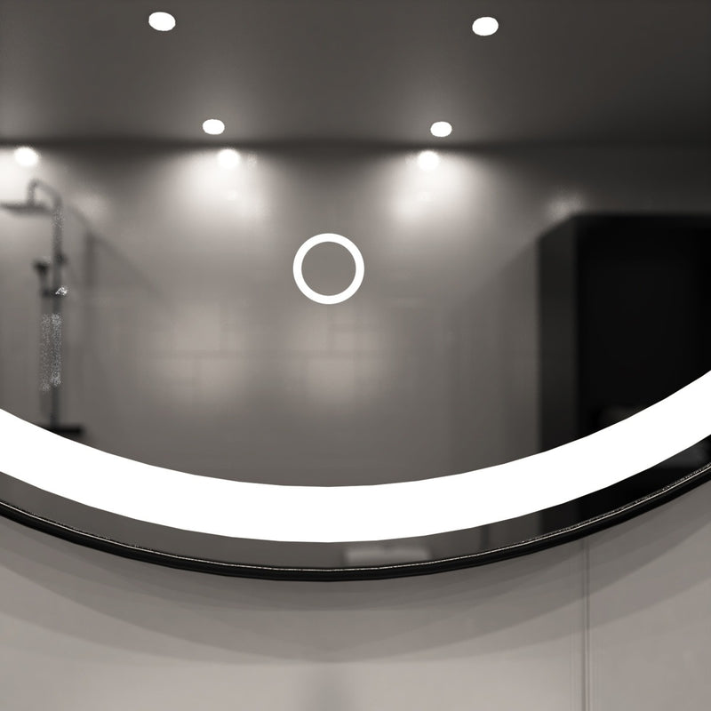 Black LED bathroom mirror close up shot touch switch in natural white light