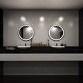 Black LED bathroom mirror above sinks setting in natural white light