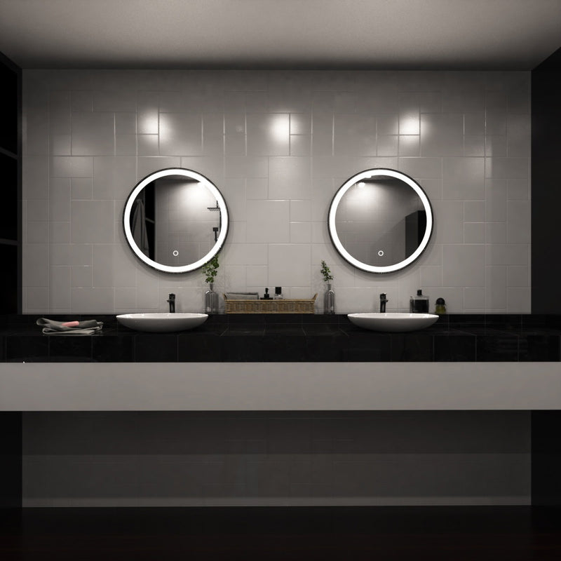 Black LED bathroom mirror above sinks setting in natural white light