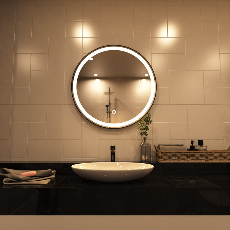 Black LED bathroom mirror above the sink setting in warm white light