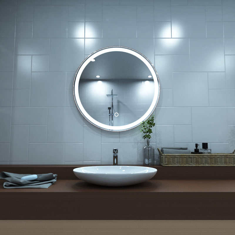 Rose gold LED bathroom mirror above sink setting in cool white light