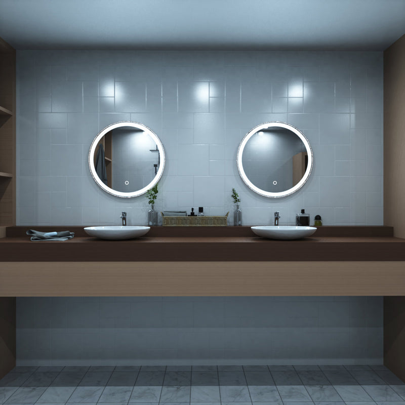 Rose gold LED bathroom mirror above sinks setting in cool white light