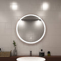 Rose gold LED bathroom mirror close up shot above sink setting in natural white light