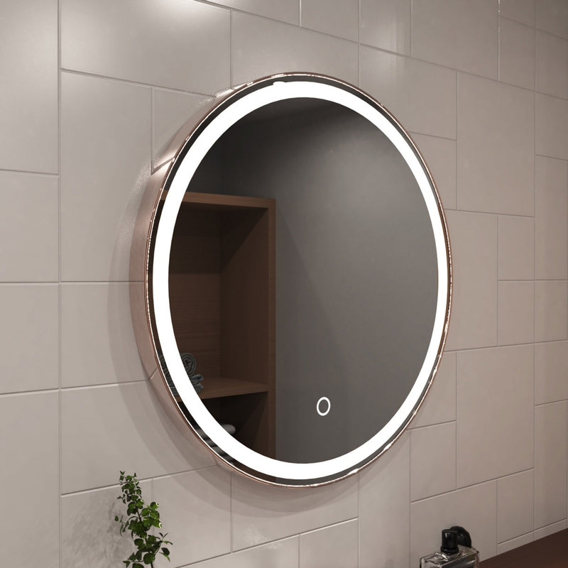 Rose gold LED bathroom mirror facing right shot in natural white light