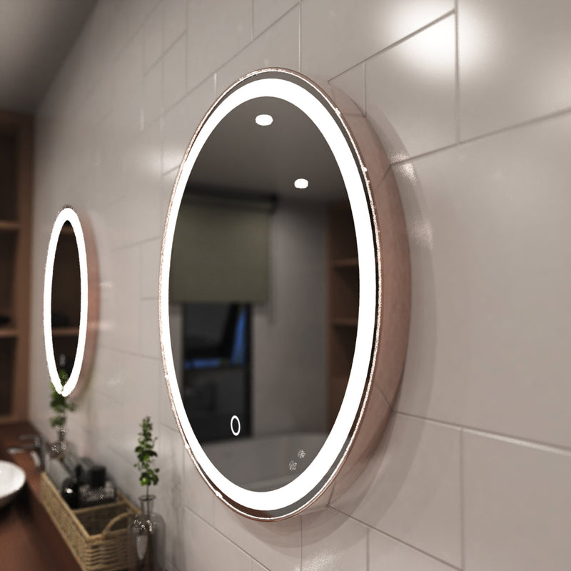 Rose gold LED bathroom mirror facing left shot in natural white light