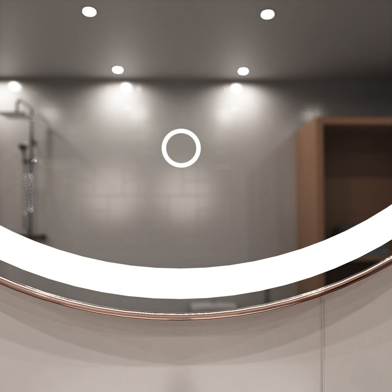 Rose gold LED bathroom mirror touch switch close up shot in natural white light