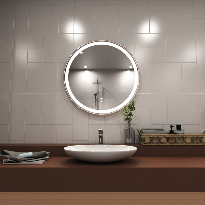 Rose gold LED bathroom mirror above sink setting in natural white light