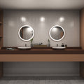 Rose gold LED bathroom mirror above sinks setting in natural white light