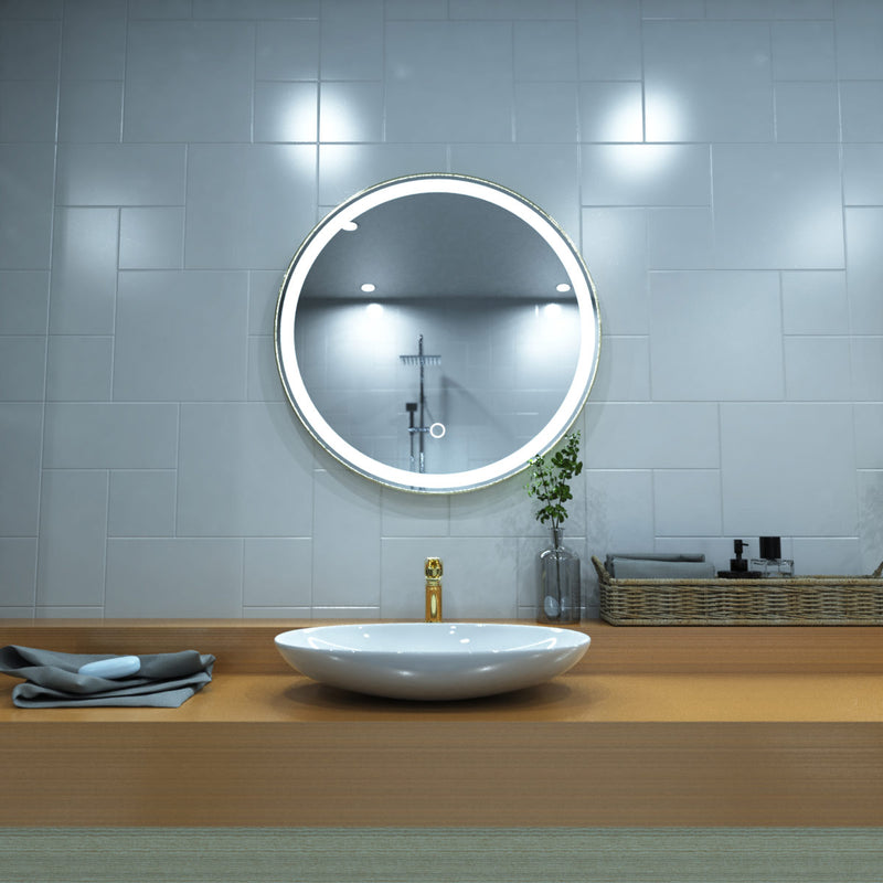 Titanium gold LED bathroom mirror in cool white light above the sink setting shot