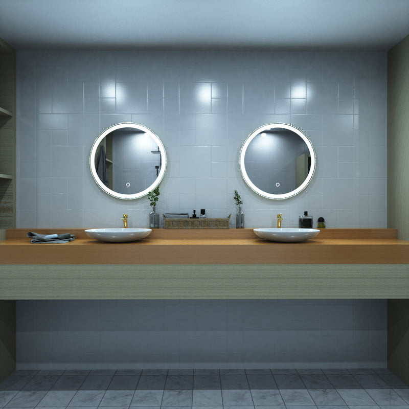 Titanium gold LED bathroom mirror in cool white light above the sinks setting