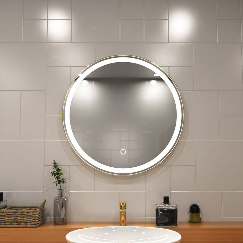 Titanium gold LED bathroom mirror in natural white light close up shot