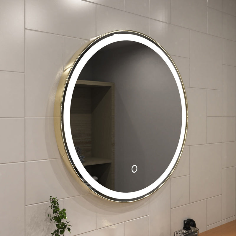 Titanium gold LED bathroom mirror facing right shot in natural white light