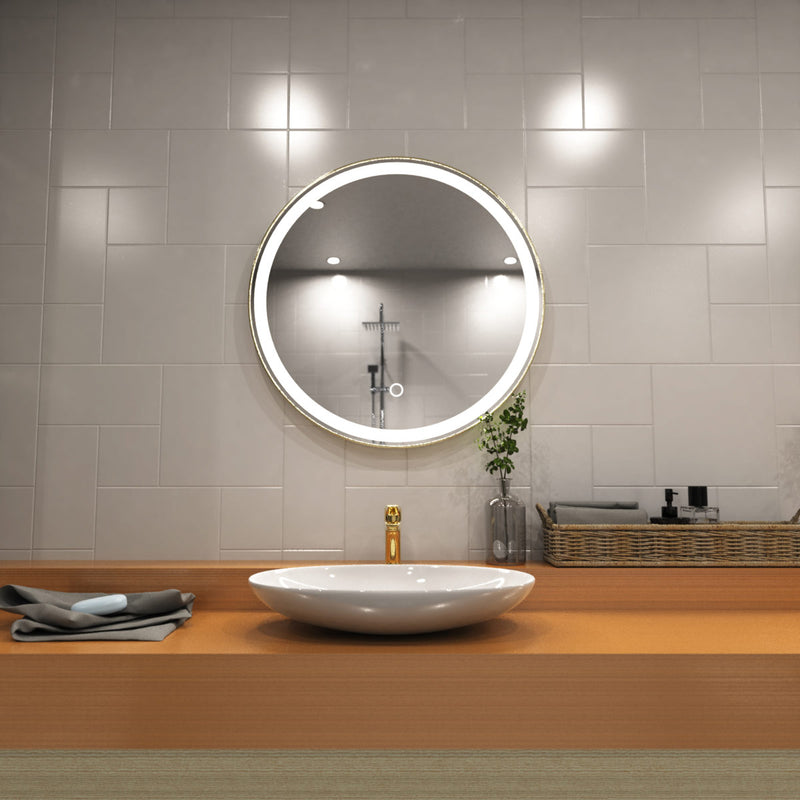 Titanium gold LED bathroom mirror in natural white light above the sink setting shot