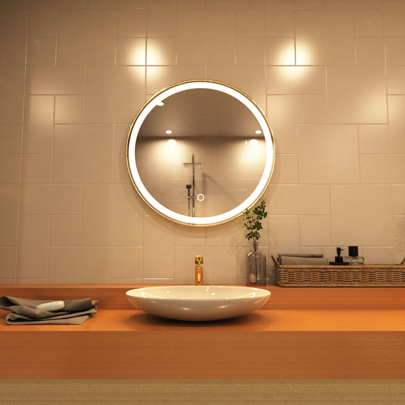 Titanium gold LED bathroom mirror in warm white light above the sink setting shot