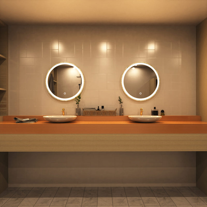 Titanium gold LED bathroom mirror in warm white light above the sinks setting