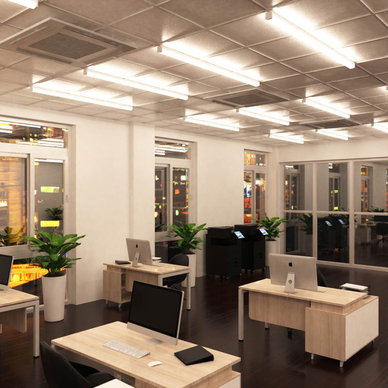 full shot of an office with mounted 60w LED battens with natural white light