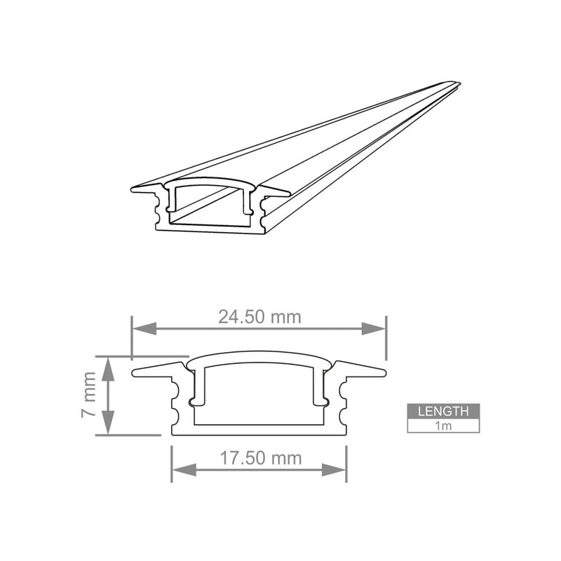 2m Long, Shallow 7mm Recessed LED Aluminium Profile