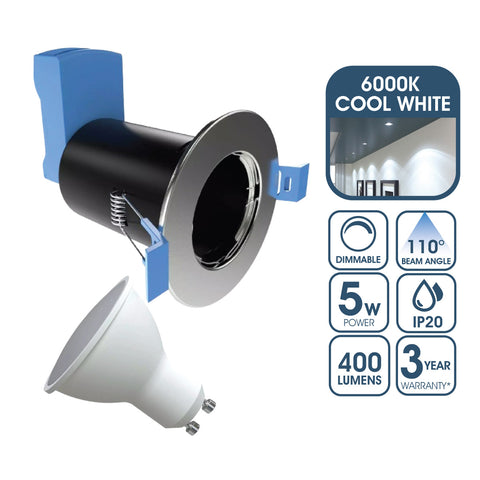 Fire Rated Downlight, GU10, Fixed - Brushed Chrome Finish With 5w Dimmable Cool White GU10 Bulb