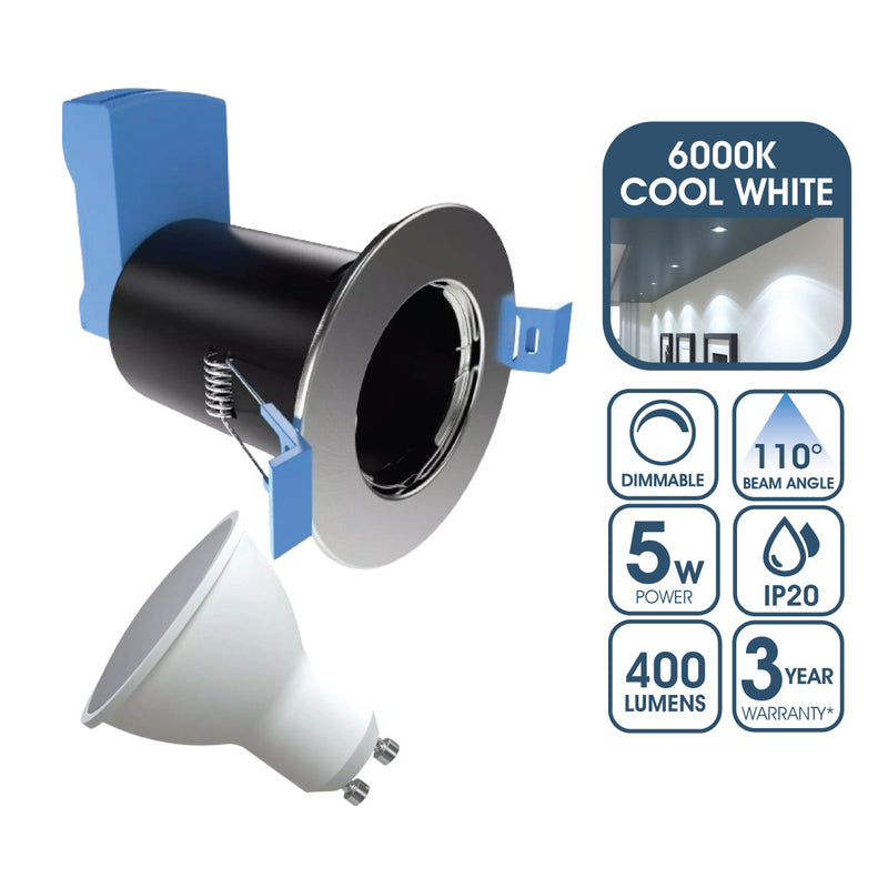 Fire Rated Downlight, GU10, Fixed - Brushed Chrome Finish With 5w Dimmable Cool White GU10 Bulb