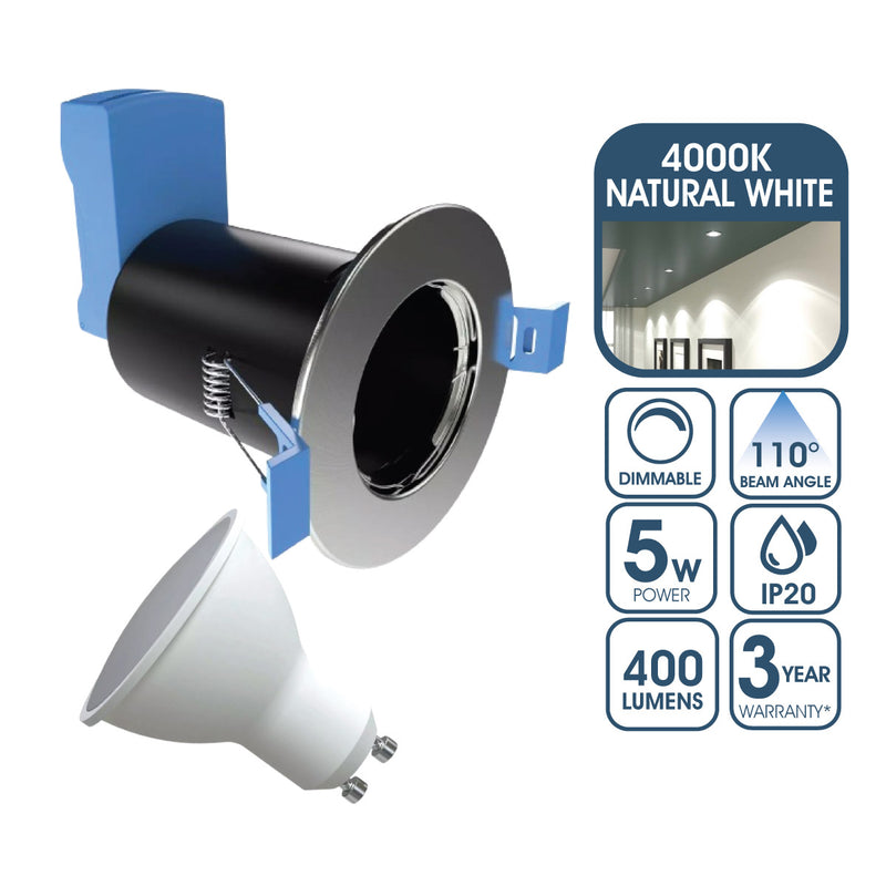 Fire Rated Downlight, GU10, Fixed - Brushed Chrome Finish With 5w Dimmable Natural White GU10 Bulb