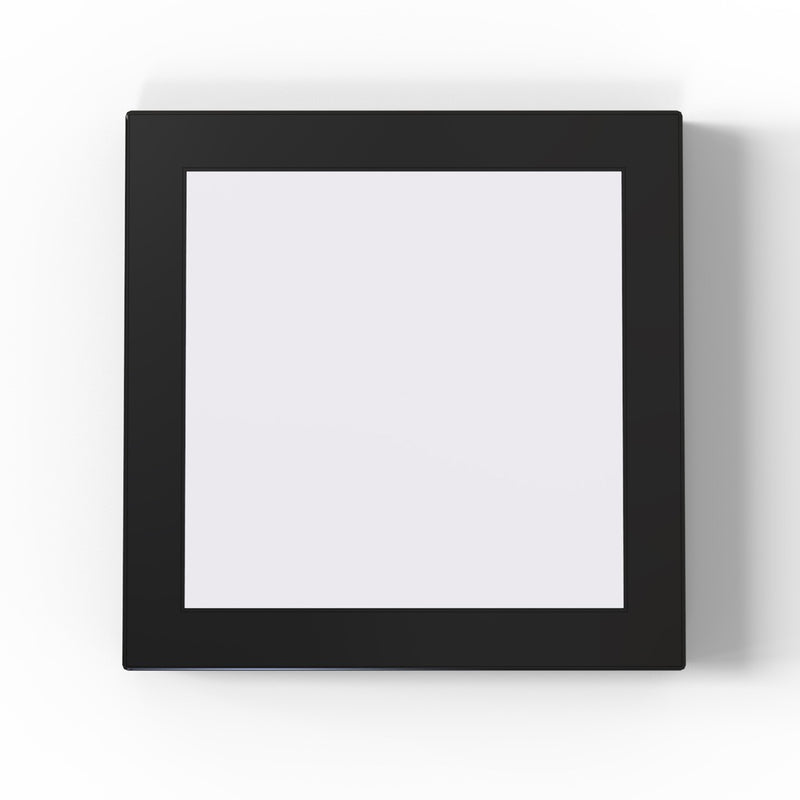 Square under-cabinet light with black bezel on a white surface.