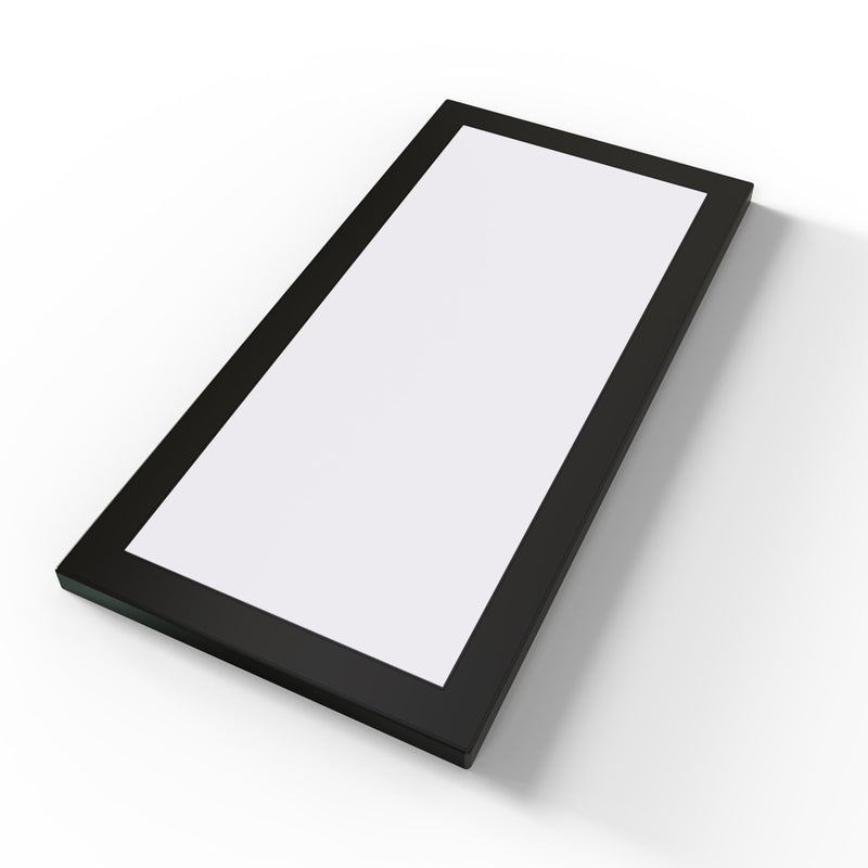 Under-cabinet light with 200x100mm dimensions and black bezel with magnetic cover.