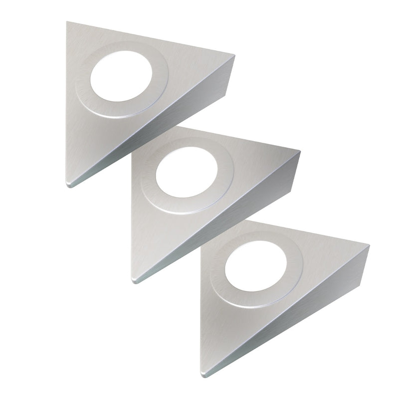 3 Pack Mains Powered Triangle Under Cabinet Light, Brushed Chrome Finish