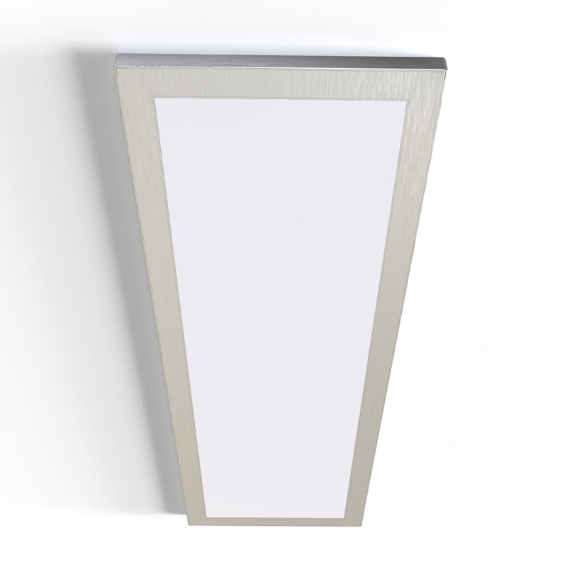 Silver bezel under cabinet light with a magnetic cover and rectangular shape.