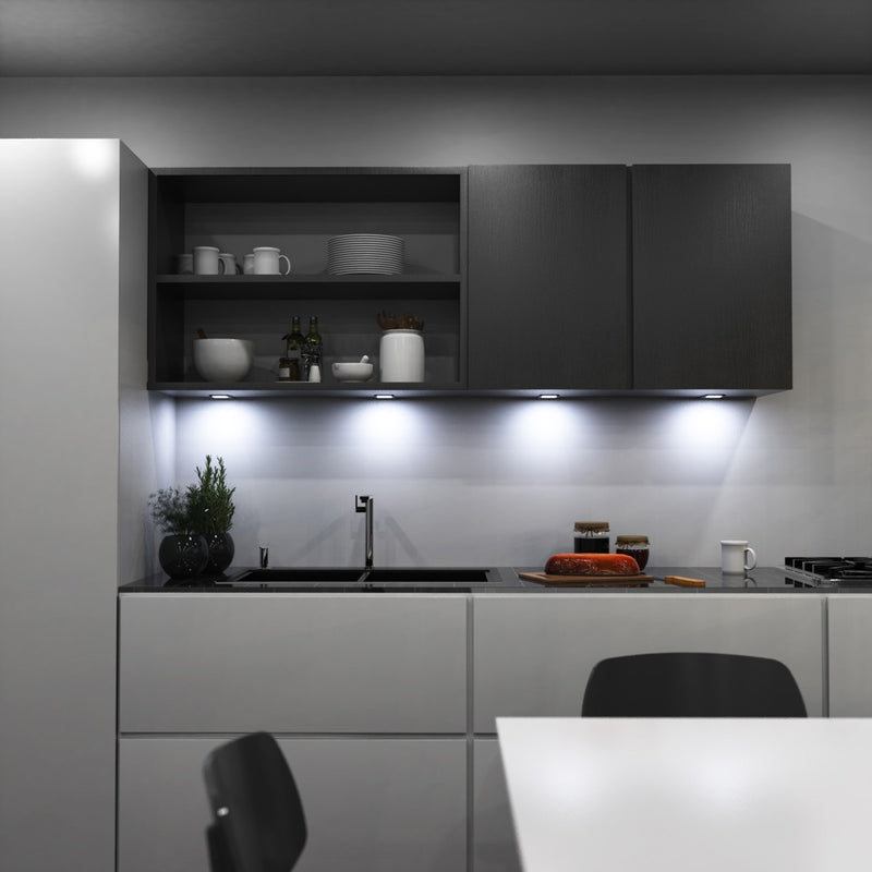 kitchen with mounted black LED CCT cabinet lights - cool white light