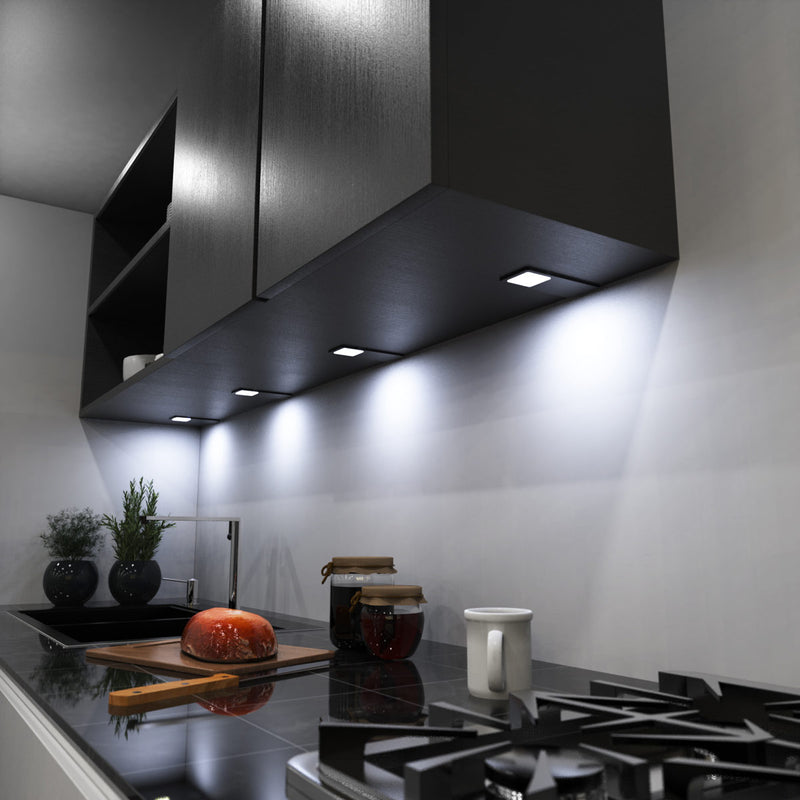 kitchen with mounted CCT LED black cabinet lights - cool white light