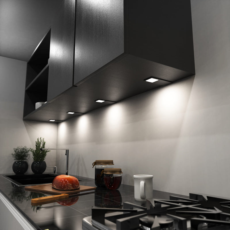 kitchen with mounted LED black CCT cabinet lights - natural white light