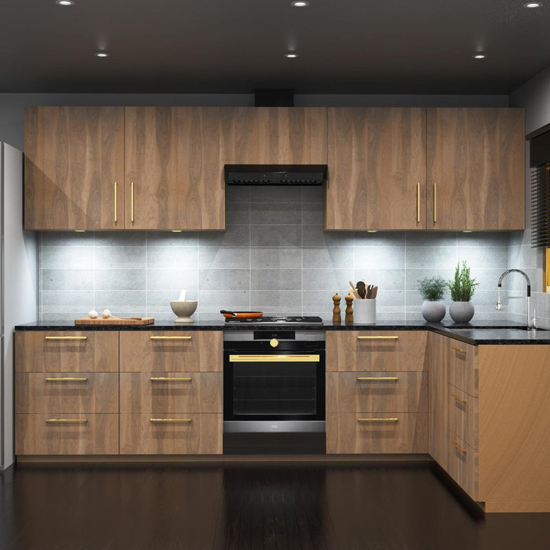 A full kitchen with wooden cabinets and drawers, illuminated by multiple LED downlights and cool white under cabinet lighting.