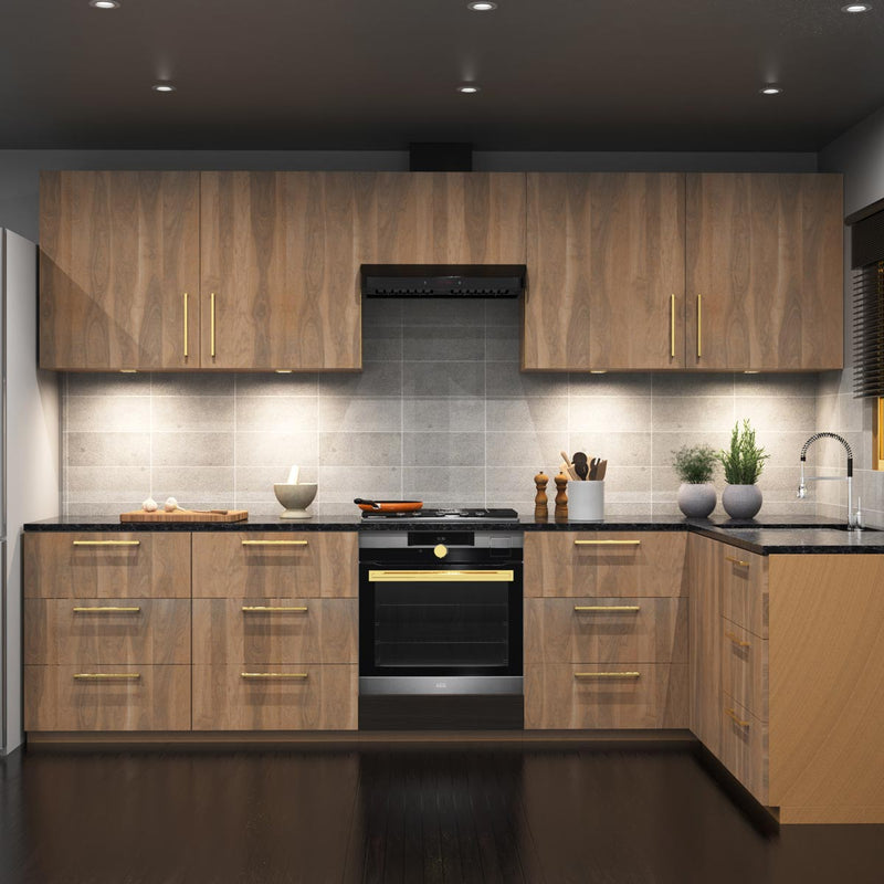 A full kitchen with wooden cabinets and drawers, illuminated by multiple LED downlights and natural white under cabinet lighting.