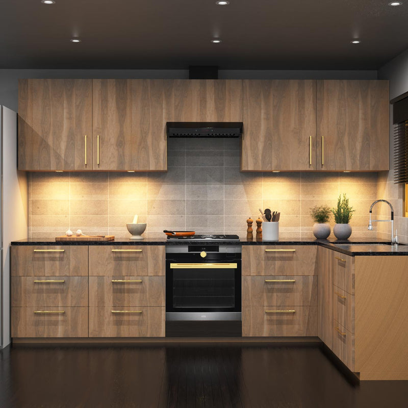 A full kitchen with wooden cabinets and drawers, illuminated by multiple LED downlights and warm white under cabinet lighting.