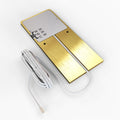 Back image of the brushed brass under cabinet light showing the CCT switch to the side and the connected white wire.